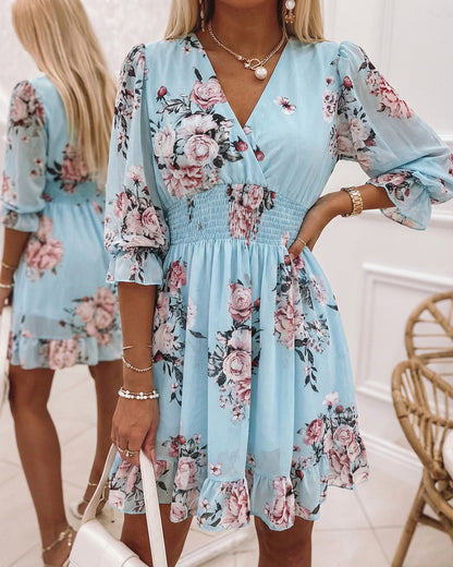 Floral Print Overlap V Neck Three Quarters Sleeve Shirred Waist Ruffle Hem Dress Casual Cinched Waist Flared Cuffs Chiffon Vacation Dress with Lining