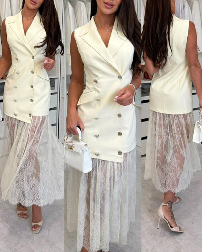 Women's Lace Spliced Blazer Dress Sleeveless Double Breasted Lapel Collar Maxi Dress