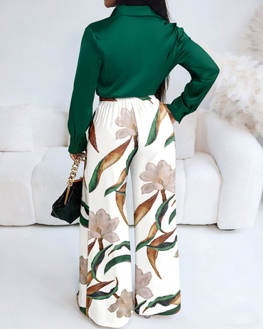 2 Pieces Outfit Turn-down Collar Long Sleeve Button Front Satin Shirt and Casual Vintage Floral Print Elastic Back Waist Wide Leg Pants Set without Belt
