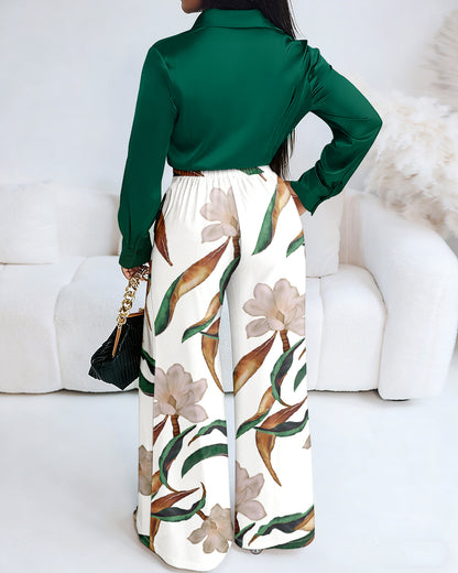 2 Pieces Outfit Turn-down Collar Long Sleeve Button Front Satin Shirt and Casual Vintage Floral Print Elastic Back Waist Wide Leg Pants Set without Belt