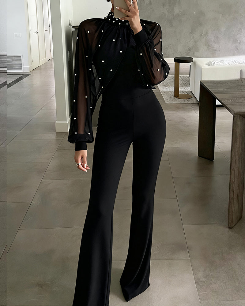 Pearls Decor Mock Neck Chiffon Draped Cape-style Lantern Sleeve Overalls Casual Ruched Zipper Back Flared Jumpsuit