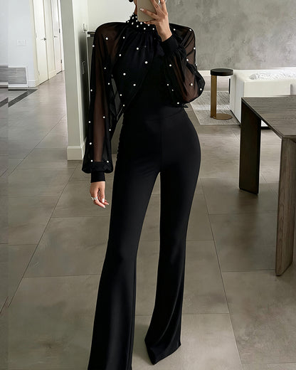 Pearls Decor Mock Neck Chiffon Draped Cape-style Lantern Sleeve Overalls Casual Ruched Zipper Back Flared Jumpsuit