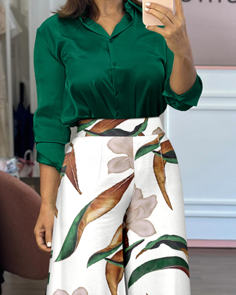 2 Pieces Outfit Turn-down Collar Long Sleeve Button Front Satin Shirt and Casual Vintage Floral Print Elastic Back Waist Wide Leg Pants Set without Belt