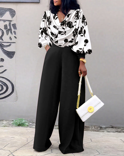 2 Pieces Outfit Floral Print Cowl Neck Lantern Sleeve Stretchy Hem Crop Top and Casual Elastic Back Waist Wide Leg Pants Set