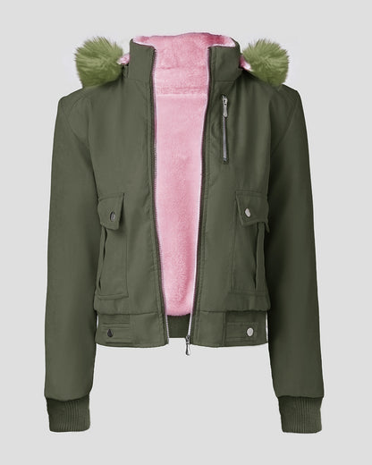 Fuzzy Trim Jacket Hooded Zip Up Fleece Lined Coat Outwear with Pockets
