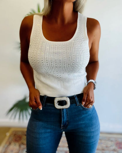 Rhinestone Decor U-Neck Sleeveless Tee Slim Fit Backless Ribbed Tank Top