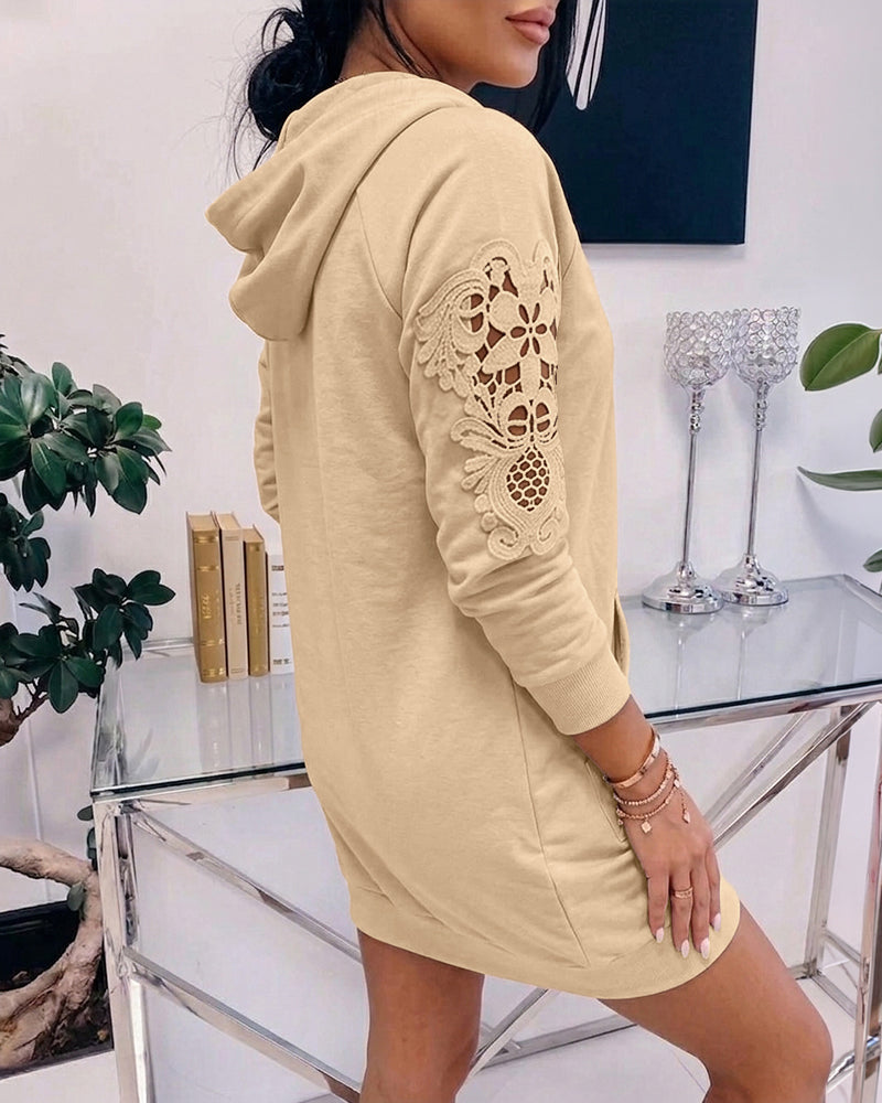 Women's Hooded Sweatshirt Dress V Neck Long Sleeve Guipure Lace Spliced Pullover Hoodie Dress with Pocket