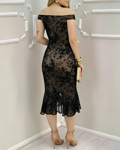 Women's Flock Floral Mesh Dress Off Shoulder Ruffle Hem Bodycon Dress Slit Evening Party Mermaid Gown