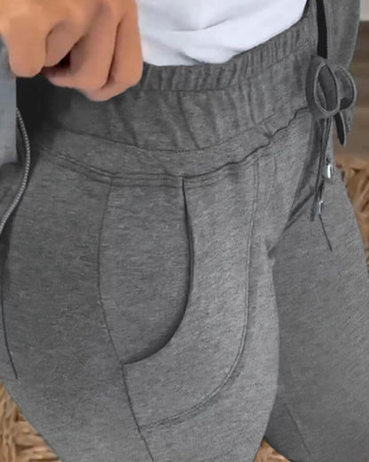 2 Pieces Outfit Long Sleeve Zip Up Flap Pockets Design Stretchy Hem Hoodie Coat and Drawstring Elastic Waist Slim Fit Pants Set