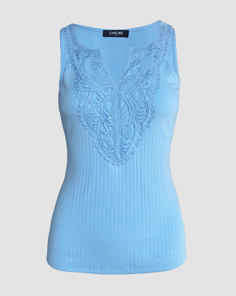 Contrast Lace V Neck Sleeveless Knit Top Casual Slim Fit Tank