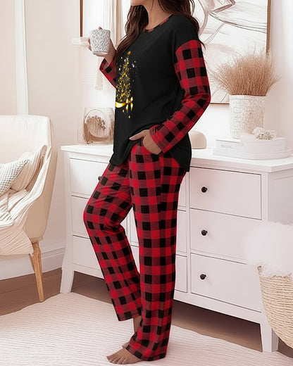 2 Pieces Outfit Christmas Tree Print Plaid Print Spliced Long Sleeve Top and Plaid Print Elastic Waist Pants Set Casual Pajamas Set