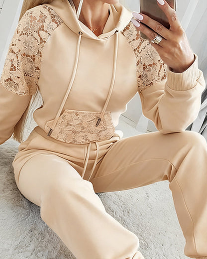 2 Pieces Outfit Guipure Lace Spliced Kangaroo Pocket Drawstring Hoodie Sweatshirt and Drawstring Elastic Waist Jogger Sweatpants Set