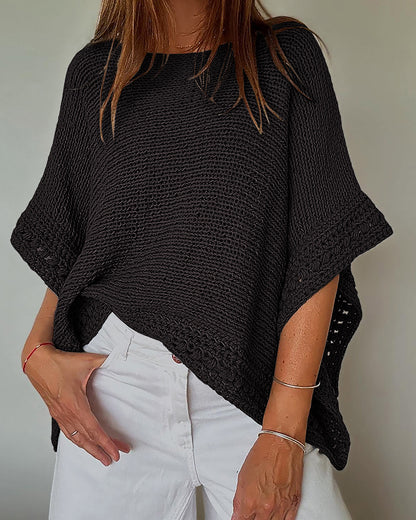 Solid Batwing Sleeve Hollow Out Crochet Pattern Top Casual Cover Up