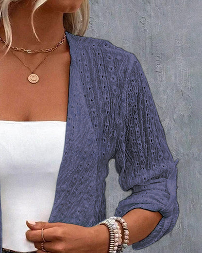 Eyelet Embroidery Turn-Up Sleeves Open Front Coat