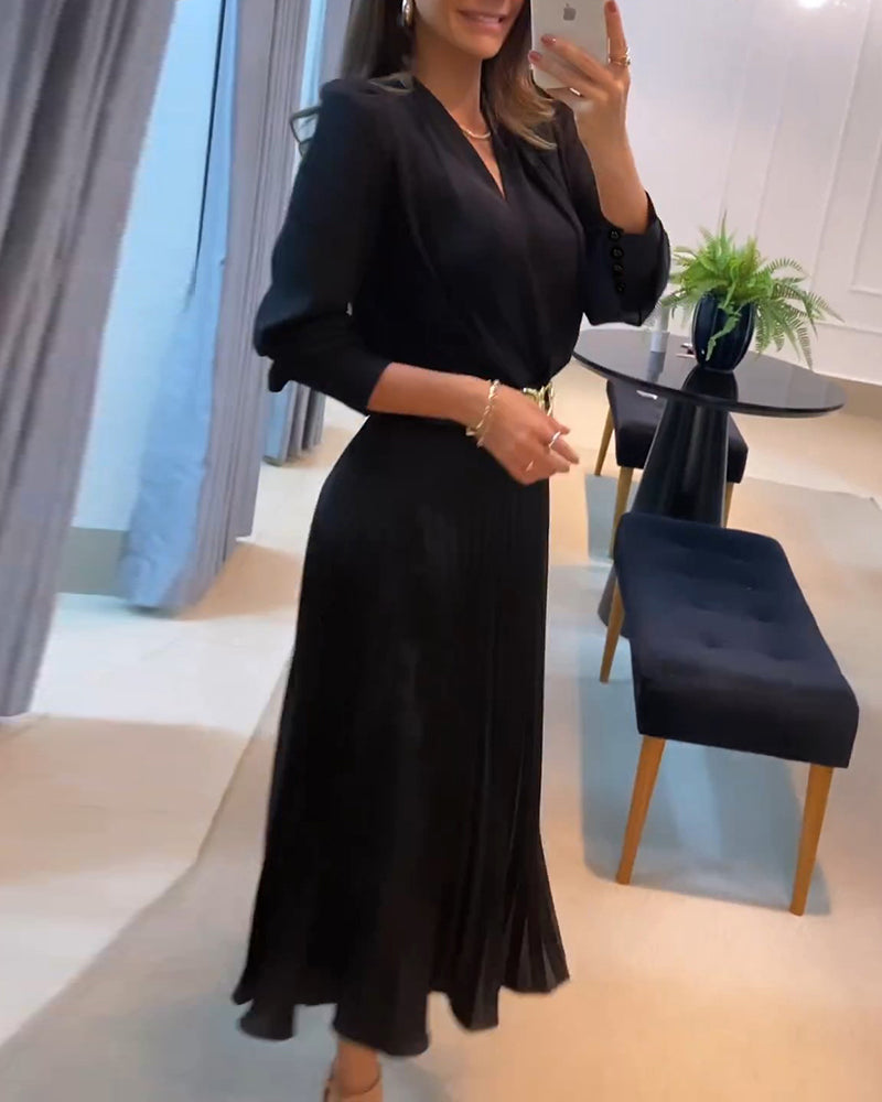 Elegant Women's Puff Long Sleeve V-neck Pleated Maxi Dress Dinner Dress (Without Belt)