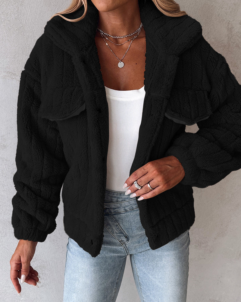 Textured Striped Turn-down Collar Button Front Elastic Cuff and Hem Teddy Fleece Jacket With Decorative Flap Pockets