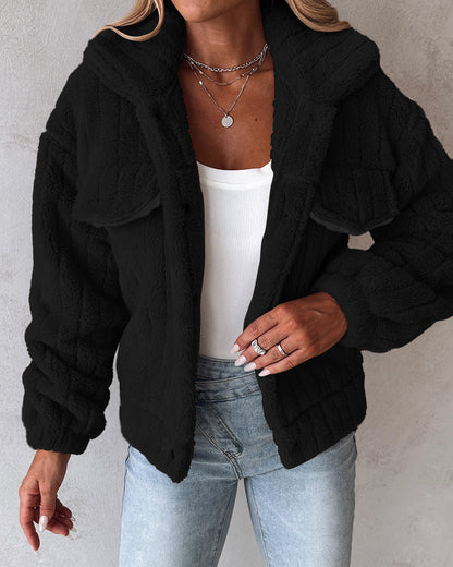 Textured Striped Turn-down Collar Button Front Elastic Cuff and Hem Teddy Fleece Jacket With Decorative Flap Pockets