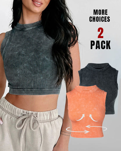 2-Pack Women's Washed Knit Tank Top Ribbed Sleeveless O-neck Cropped Tee Retro Casual Layering Top