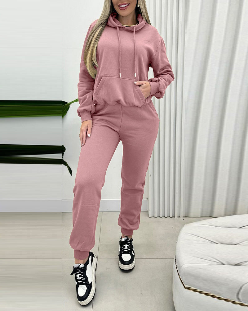 2 Pieces Outfit Kangaroo Pocket Thermal Lined Drawstring Hoodie Sweatshirt and Casual Elastic Waist Cinched Ribbed Cuffs Sporty Sweatpants Set