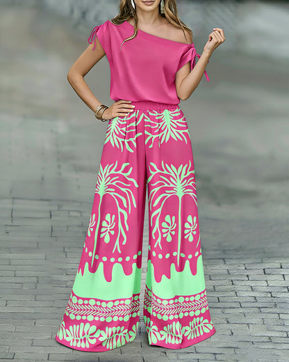 CHICME Women's 2 Piece Set Skew Neck Drawstring Top and High Waisted Wide Leg Tropical Print Pants with Pockets