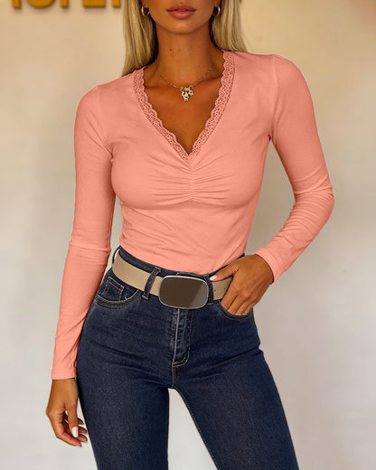 Women's Lace V Neck Ruched T Shirt Slim Fit Long Sleeve Tee Casual Elegant Top