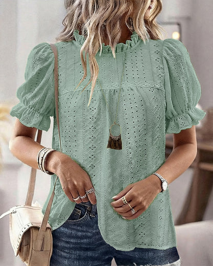 Elegant Frill Hem Stand Collar Puff Sleeve Blouse Casual Hollow Out Embroidery Pullover Top