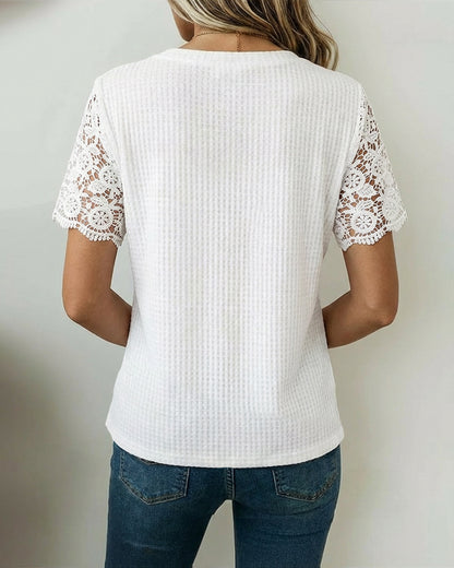Notch Neck Short Sleeve Guipure Lace Spliced Tee Casual Half Button front Waffle Textured Top