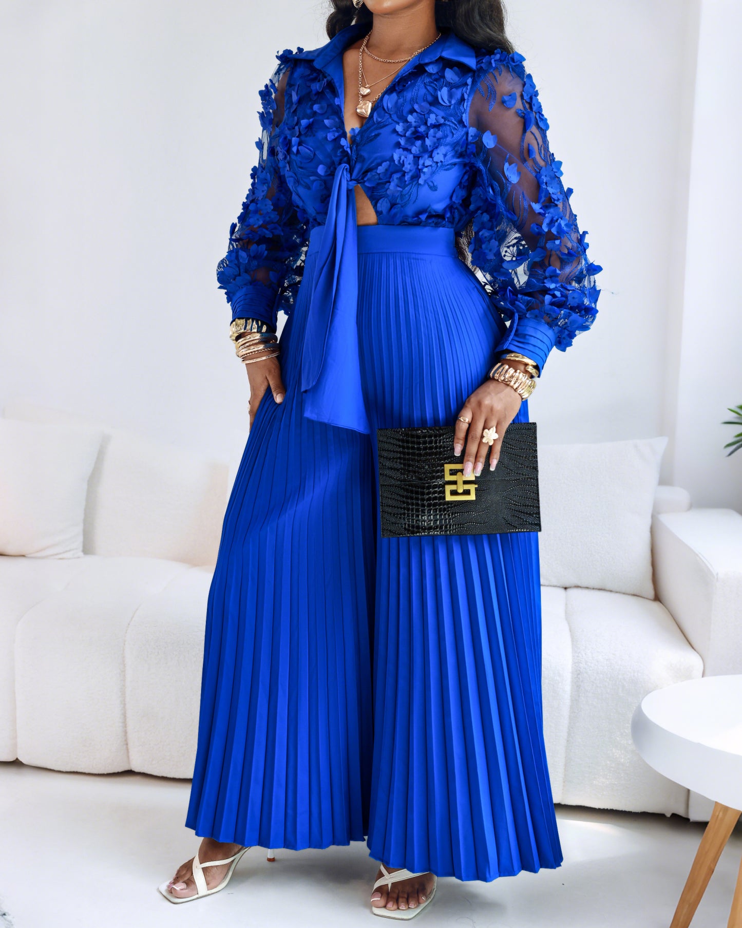 Jacquard Sheer Mesh Patch Turn-down Collar Jumpsuit Elegant Waist Tied Detail Pleated Flare Romper