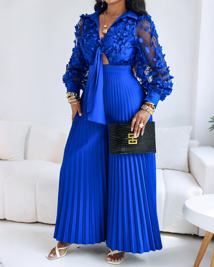 Jacquard Sheer Mesh Patch Turn-down Collar Jumpsuit Elegant Waist Tied Detail Pleated Flare Romper