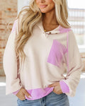 Women's Colorblock Henley Hoodie Pullover Casual Drawstring Long Sleeve Loose Sweatshirt