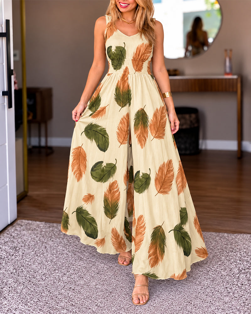 Women's Feather Print V-Neck Sleeveless Shirred Waist Wide-Leg Mesh Jumpsuit with Lining