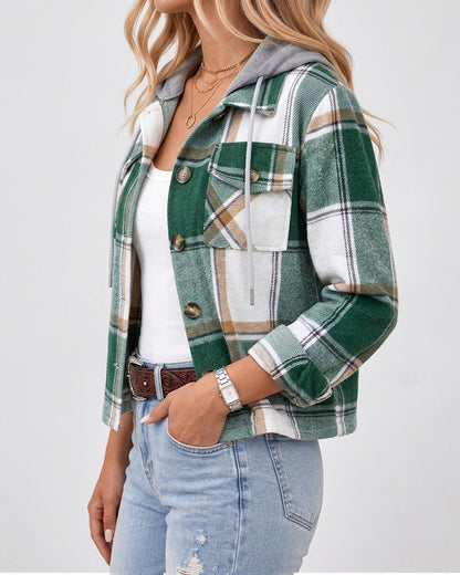 Women's Plaid Detachable Drawstring Hooded Lapel Cropped Jacket