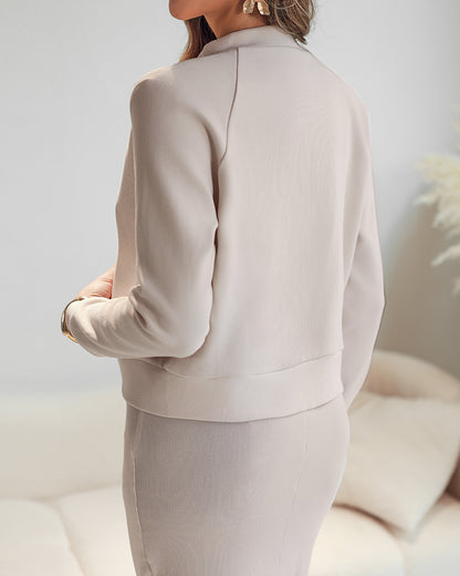 2 Pieces Outfit U-Neck Slit Back Slim Fit Knit Tank Dress and Pearl Button Front Baseball Coat Casual Ribbed Set