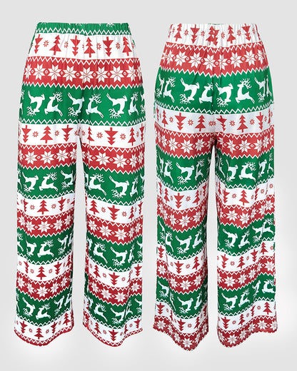 2 Pieces Outfit Reindeer Print Long Sleeve Drop Shoulder Top and Christmas Print Colorblock Elastic Waist Pants Set Casual Pajamas Set