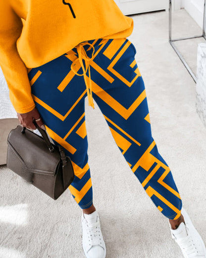 2 Piece Faith Geometric Print Outfit Long Sleeve Skew Neck Pullover Tops Stretchy Waist Pants Set Tracksuit