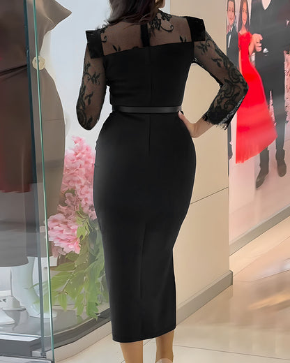 High Neck Long Sleeve Lace Pattern Mesh Patchwork Chic Zipper Mid-Calf Dress