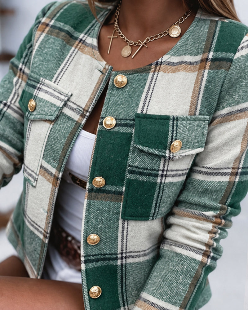 Women's Vintage Plaid Crop Coat Crew Neck Gold Button Flap Pocket Jacket