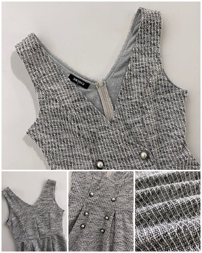 V-Neck Sleeveless Double Breasted Decor A Line Party Dress Causal Ziper Back Peplum Hem Commuting Dress