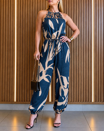 Women's Floral Halter Tie Jumpsuit Sexy Hollow-out High Waisted Drawstring Jogger Jumpsuits with Pockets