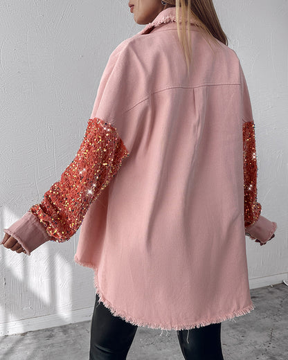 Casual Jacket Sequin Patchwork Long Sleeve Jacket Top Button Front Raw Hem Oversized Denim Shacket