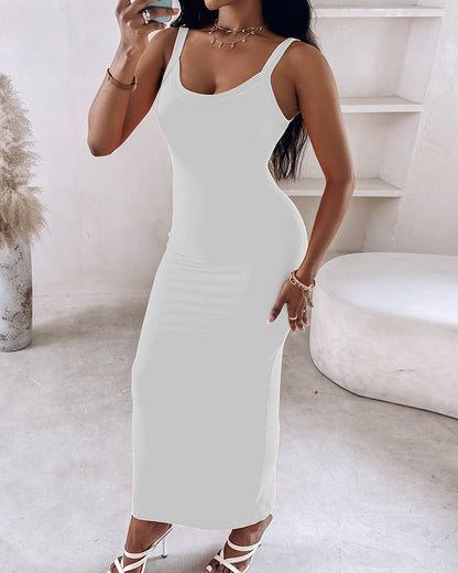 Spaghetti Strap U-Neck Casual Maxi Dress Slim Fit Cami Vacation Dress