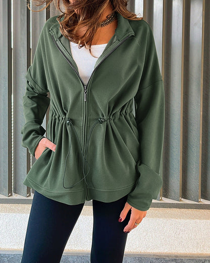 Long Sleeve Waist Drawstring Hooded Coat Casual Loose Fit Cardigan Jacket with Pockets