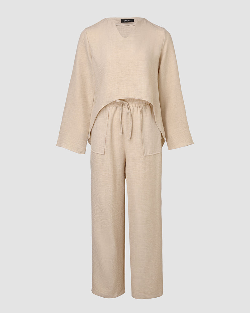 2 Piece Notch Neck Long Sleeve Asymmetrical Hem Tops Stretchy Waist Straight Leg Pants Lounge Sets Tracksuit