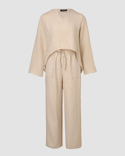 2 Piece Notch Neck Long Sleeve Asymmetrical Hem Tops Stretchy Waist Straight Leg Pants Lounge Sets Tracksuit