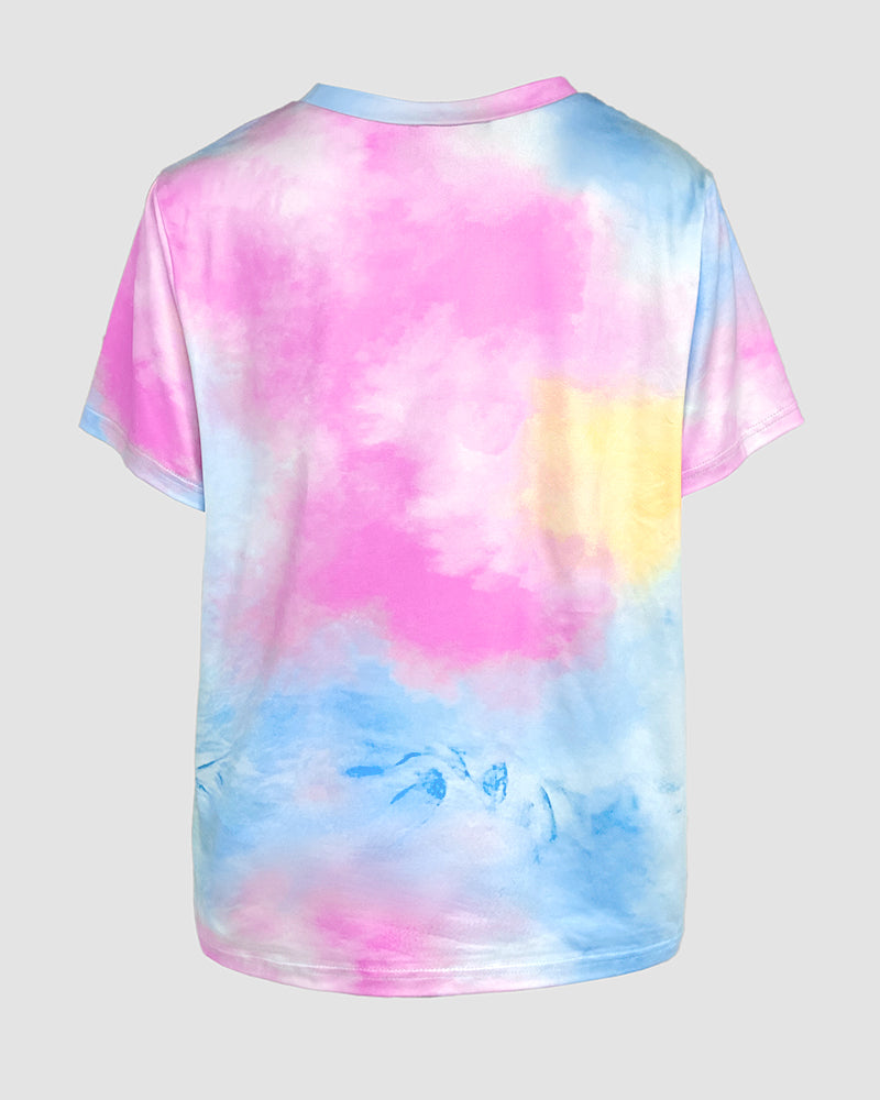 2 Pieces Outfit Tie Dye Print Short Sleeve Top and Elastic Waist Loose Fit Pants Set Casual Pajamas Set