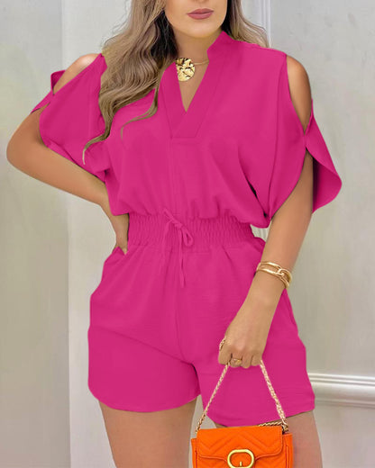 Cold Shoulder Drawstring Shirred Romper