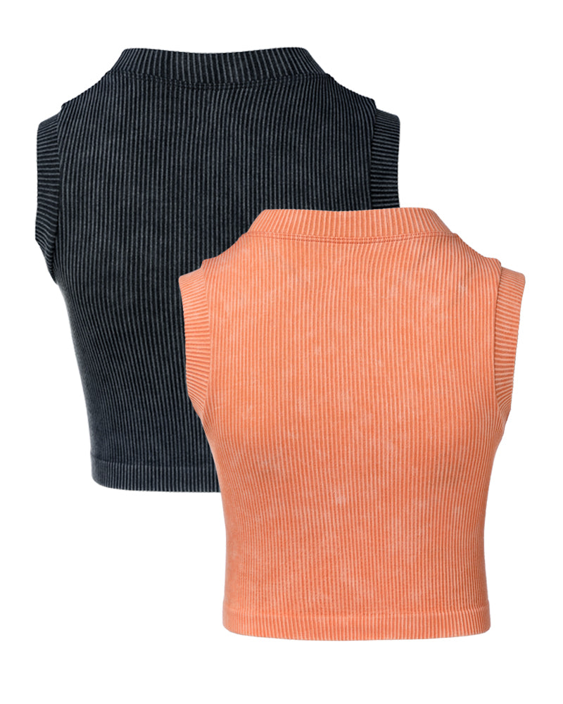 2-Pack Women's Washed Knit Tank Top Ribbed Sleeveless O-neck Cropped Tee Retro Casual Layering Top