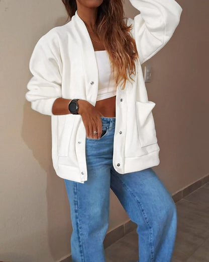 Women's Casual Loose Cardigan V Neck Snap Button Down Jacket Drop Shoulder Coat with Pockets