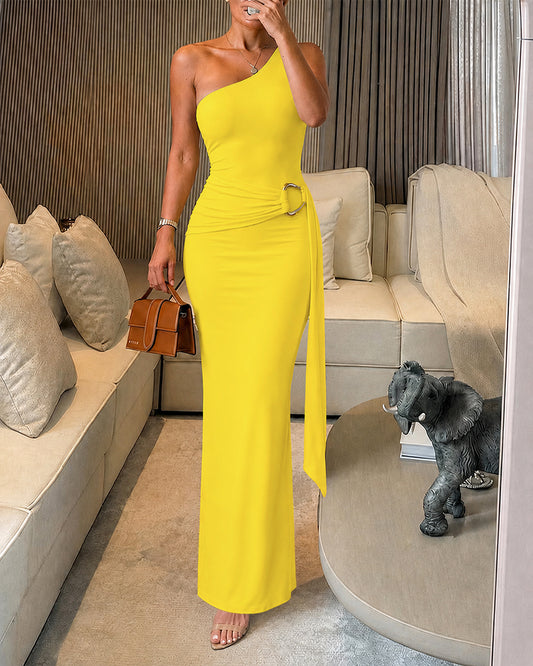 Women's One Shoulder Maxi Dress Ruched Waist Draped Tie Bodycon Party Dress with Detachable Clear Straps