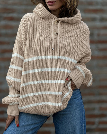 Women's Striped Henley Drawstring Hooded Sweater Loose Fit Lantern Sleeve Knit Pullover